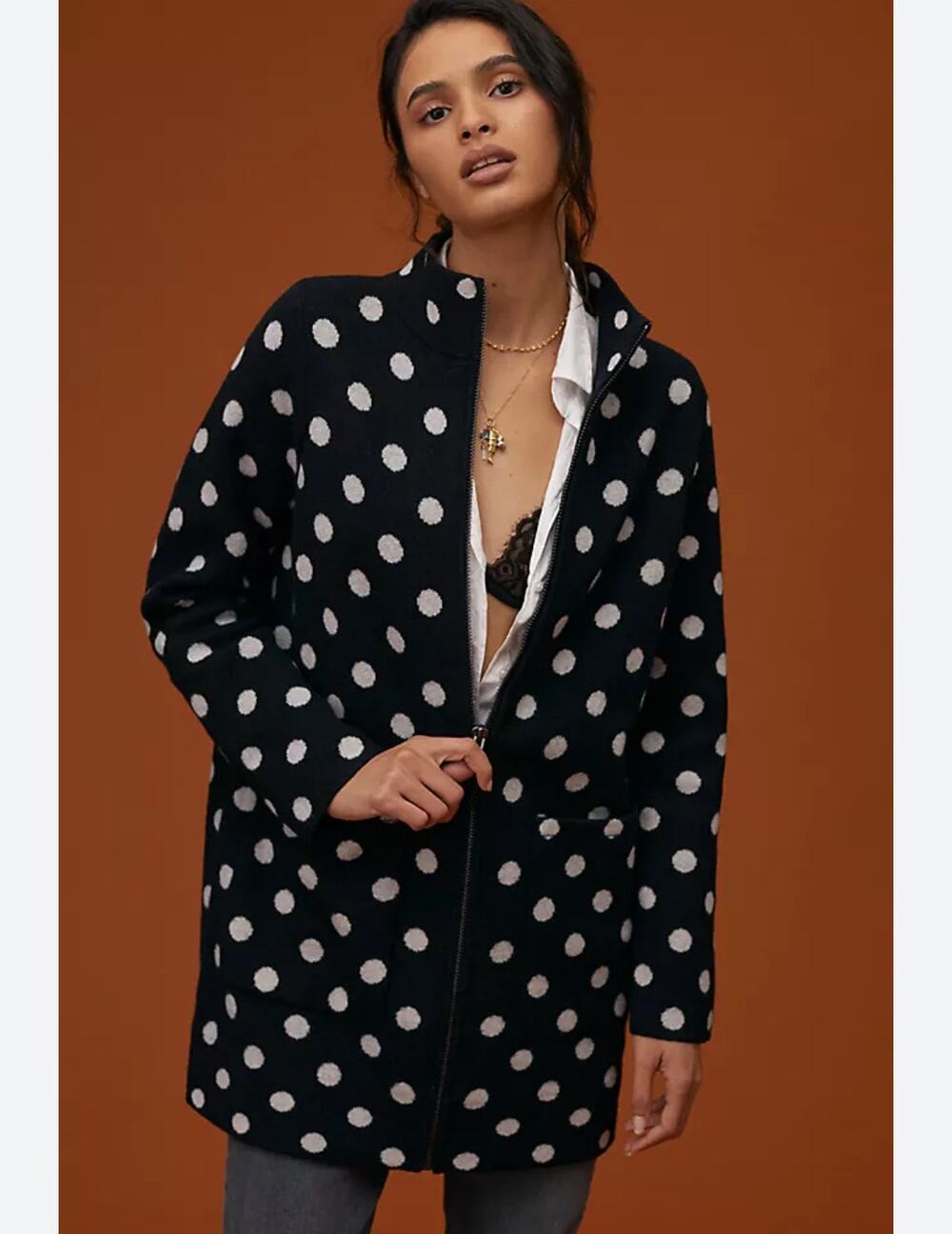 Field Flower Black & White Polka Dot Wool Full Zip Sweater Cardigan Coat